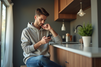 Jeune homme en casual utilisant son smartphone dans la cuisine