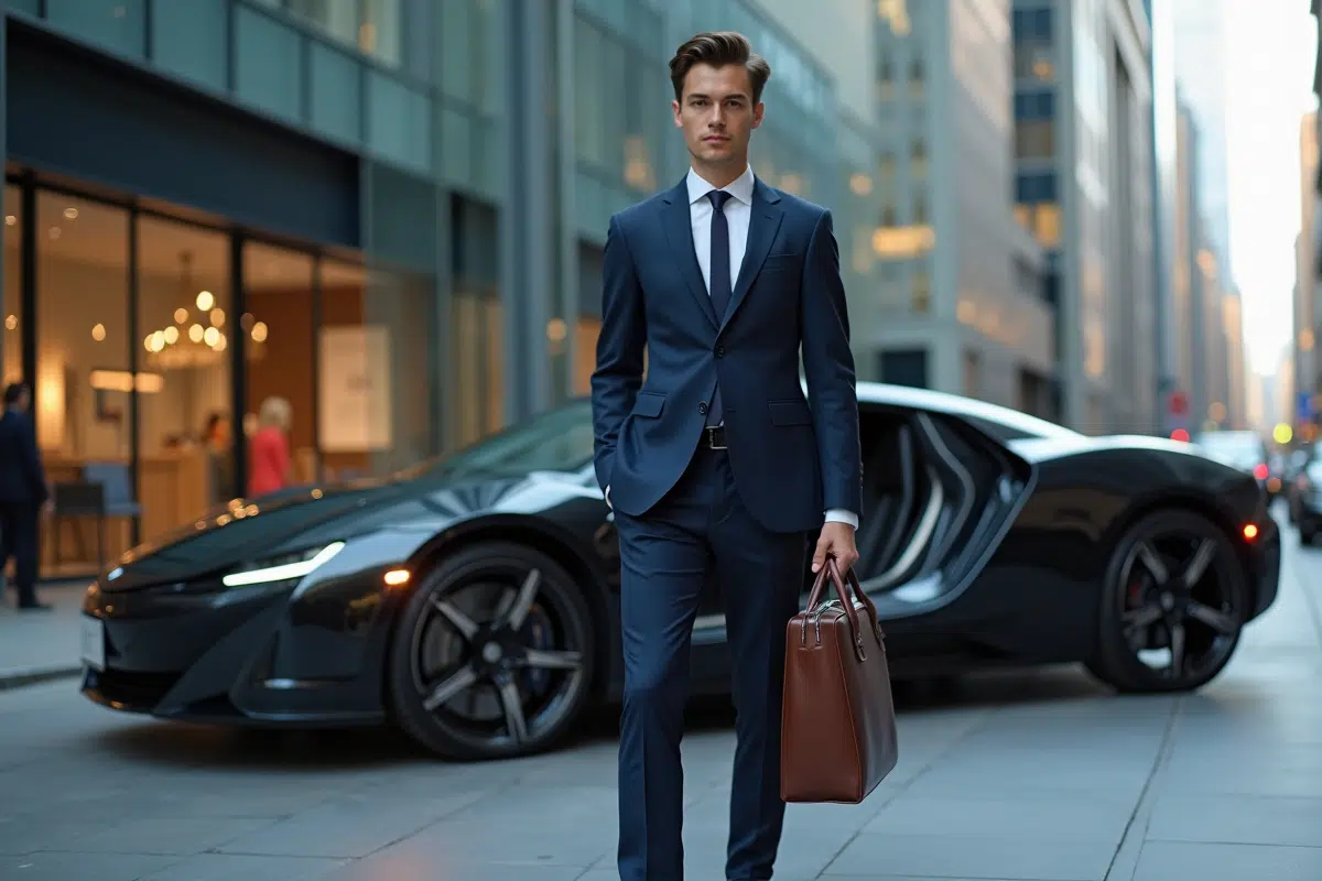 Jeune homme en costume sortant d