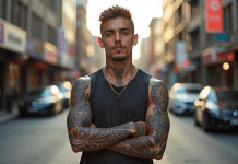 Jeune homme avec tatouages Maori dans une ville en journée