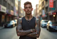 Jeune homme avec tatouages Maori dans une ville en journée