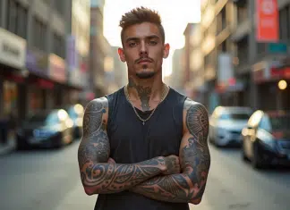 Jeune homme avec tatouages Maori dans une ville en journée