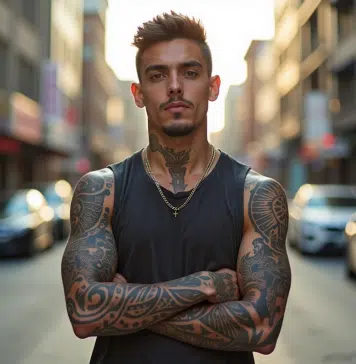 Jeune homme avec tatouages Maori dans une ville en journée