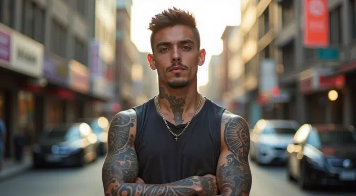 Jeune homme avec tatouages Maori dans une ville en journée