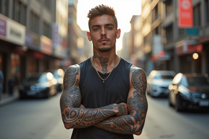 jeune-homme-tatouages-maori-ville Jeune homme avec tatouages Maori dans une ville en journée