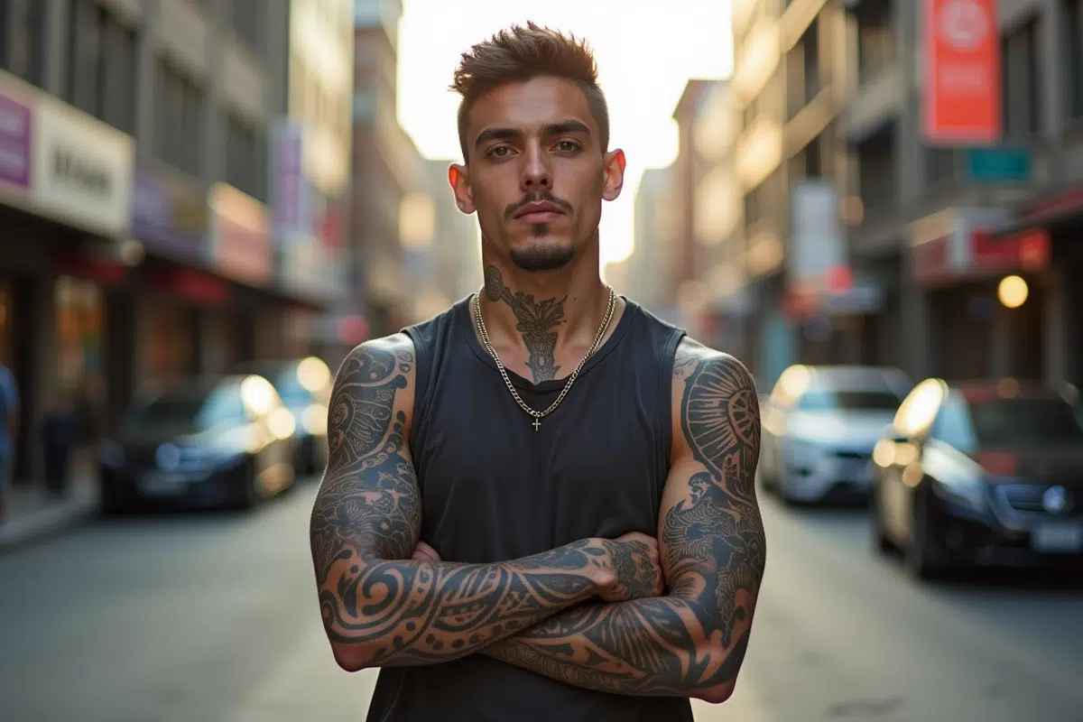 Jeune homme avec tatouages Maori dans une ville en journée