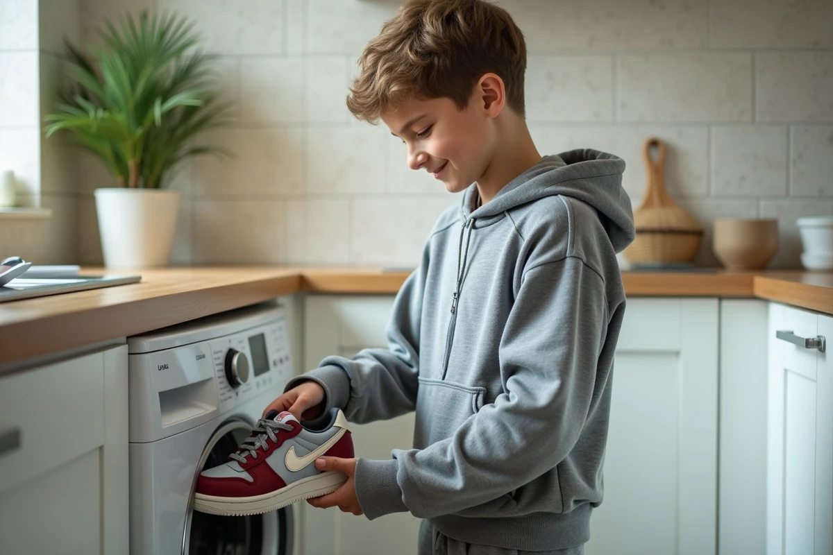 Adolescent vérifiant ses baskets propres dans une cuisine moderne