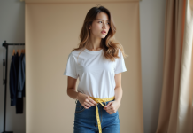 Taille idéale mannequin : comment la déterminer pour réussir ? Jeune femme en jeans et t-shirt avec un ruban de mesure