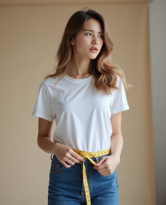 Taille idéale mannequin : comment la déterminer pour réussir ? Jeune femme en jeans et t-shirt avec un ruban de mesure
