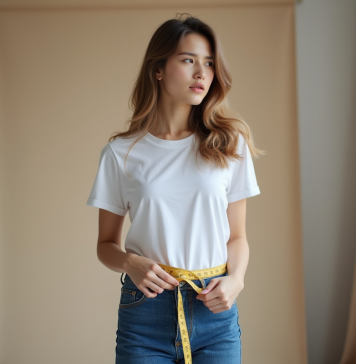 Jeune femme en jeans et t-shirt avec un ruban de mesure