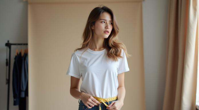 Taille idéale mannequin : comment la déterminer pour réussir ? Jeune femme en jeans et t-shirt avec un ruban de mesure