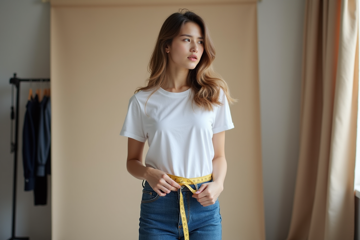 Jeune femme en jeans et t-shirt avec un ruban de mesure