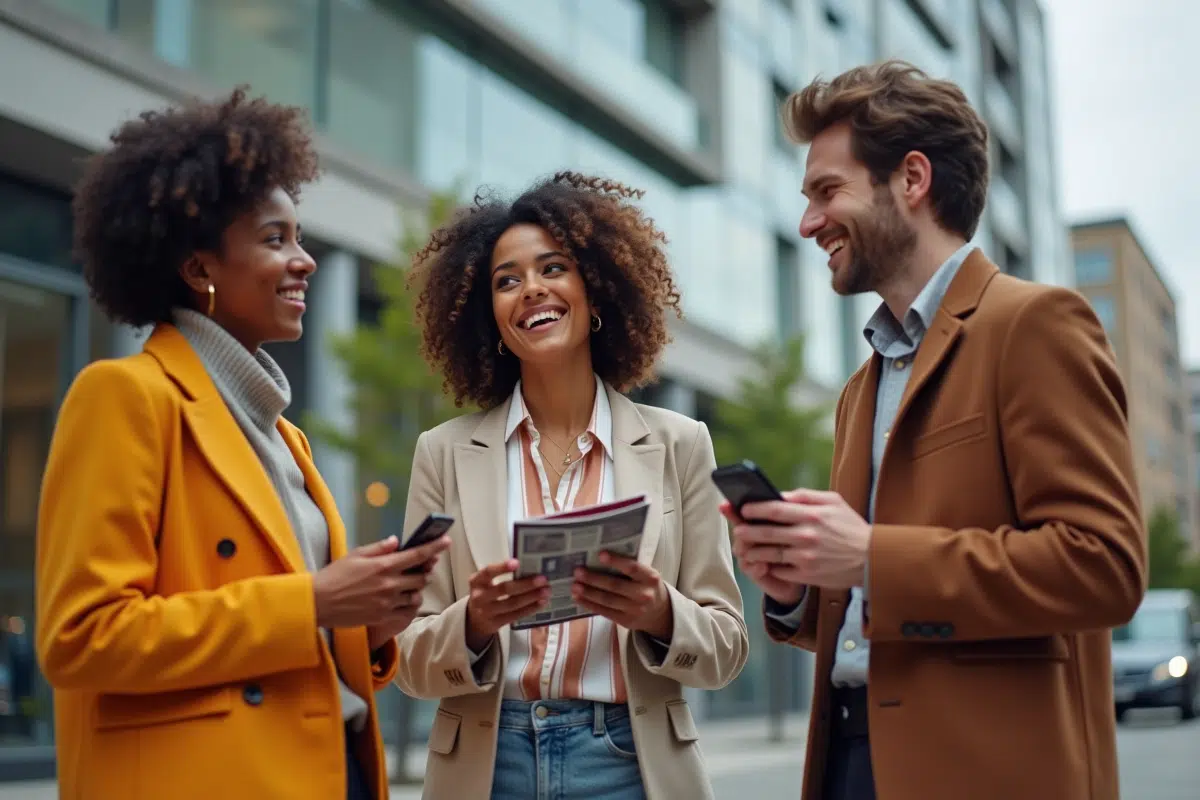 Groupe de jeunes adultes en tenues tendance en ville