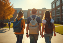 Groupe de lycéens avec sacs à l'école ensoleillée