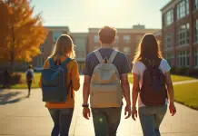 Groupe de lycéens avec sacs à l'école ensoleillée