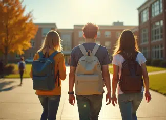 Groupe de lycéens avec sacs à l'école ensoleillée