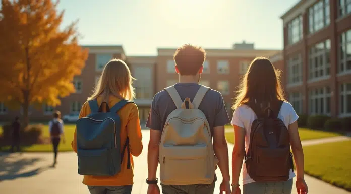 Groupe de lycéens avec sacs à l'école ensoleillée