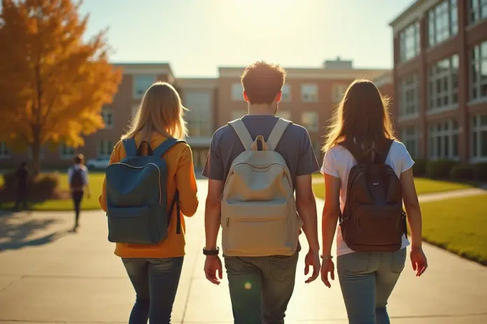 jeunes-lyceens-scolaire-matin Groupe de lycéens avec sacs à l'école ensoleillée