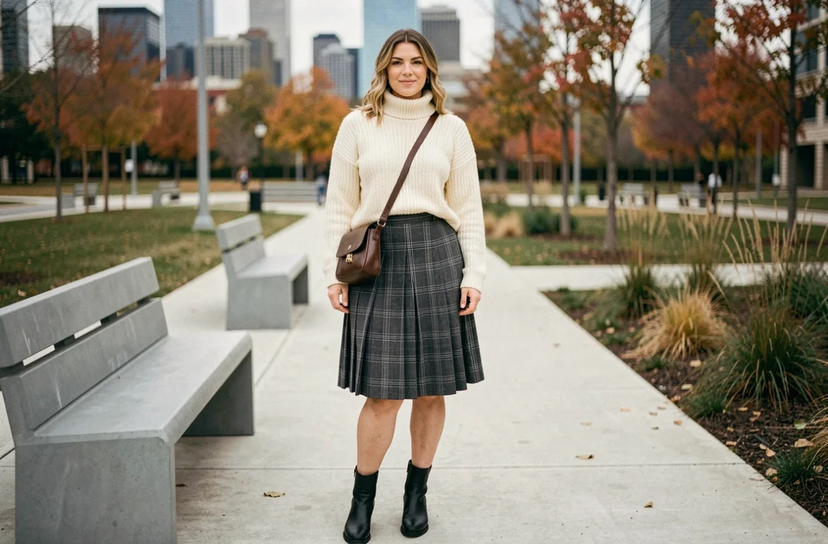 Femme portant un kilt irlandais gris moderne avec pull torsadé dans un parc urbain contemporain