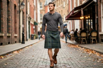Jeune homme portant un kilt irlandais tartan vert en style casual urbain dans une rue pavée