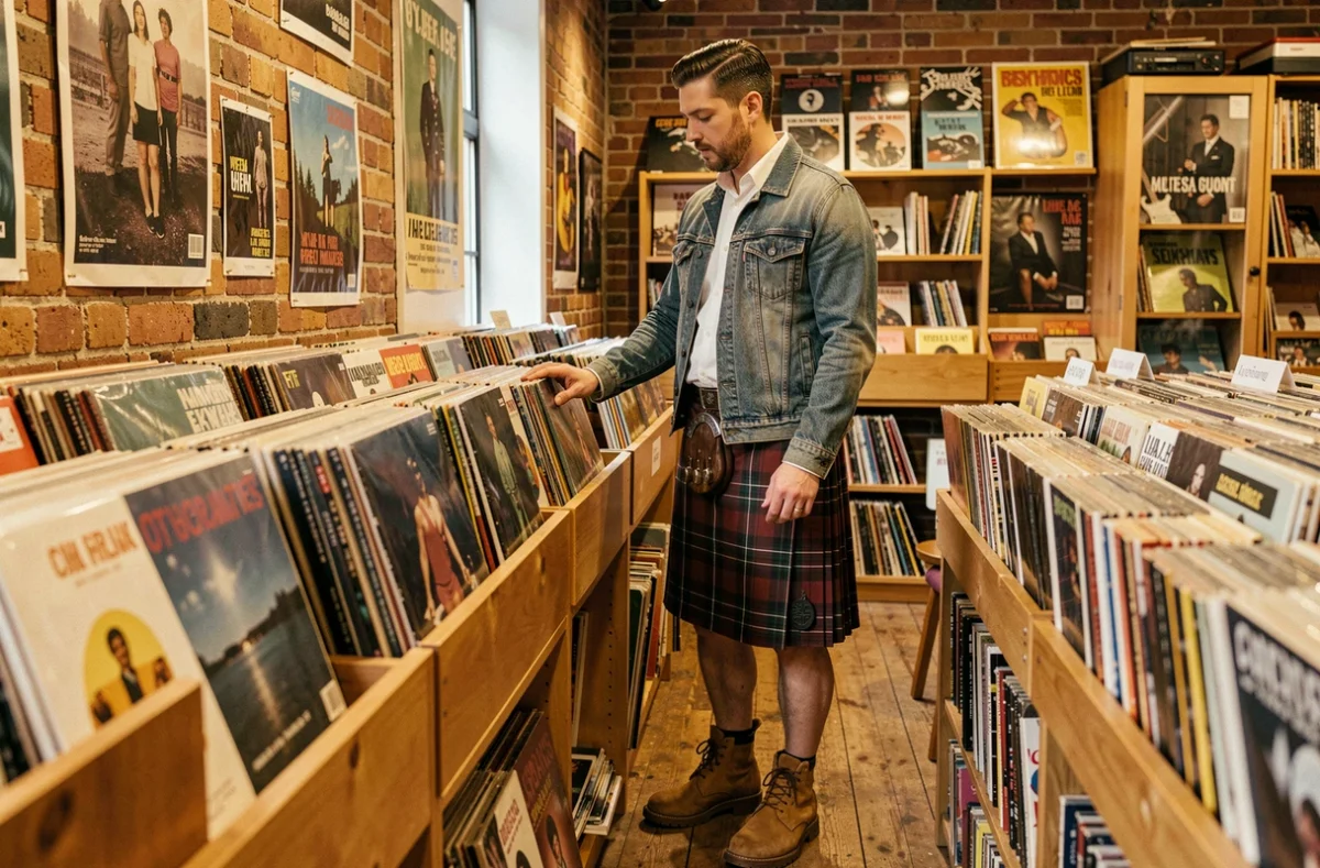 Homme en kilt irlandais tartan et veste en jean dans un magasin de disques indépendant au style vintage