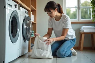 Femme plaçant des baskets blanches dans un sac à linge dans une buanderie lumineuse