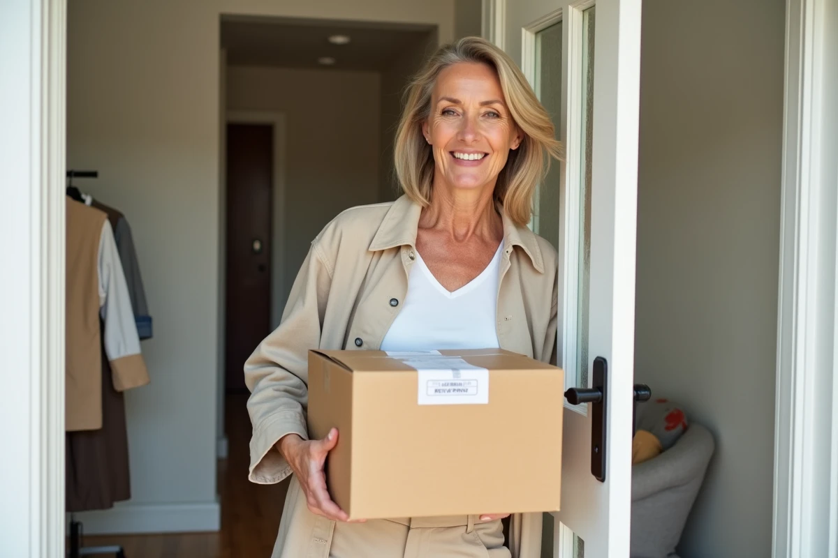Femme recevant sa commande de chaussures Sursell à domicile avec une option de retour facile