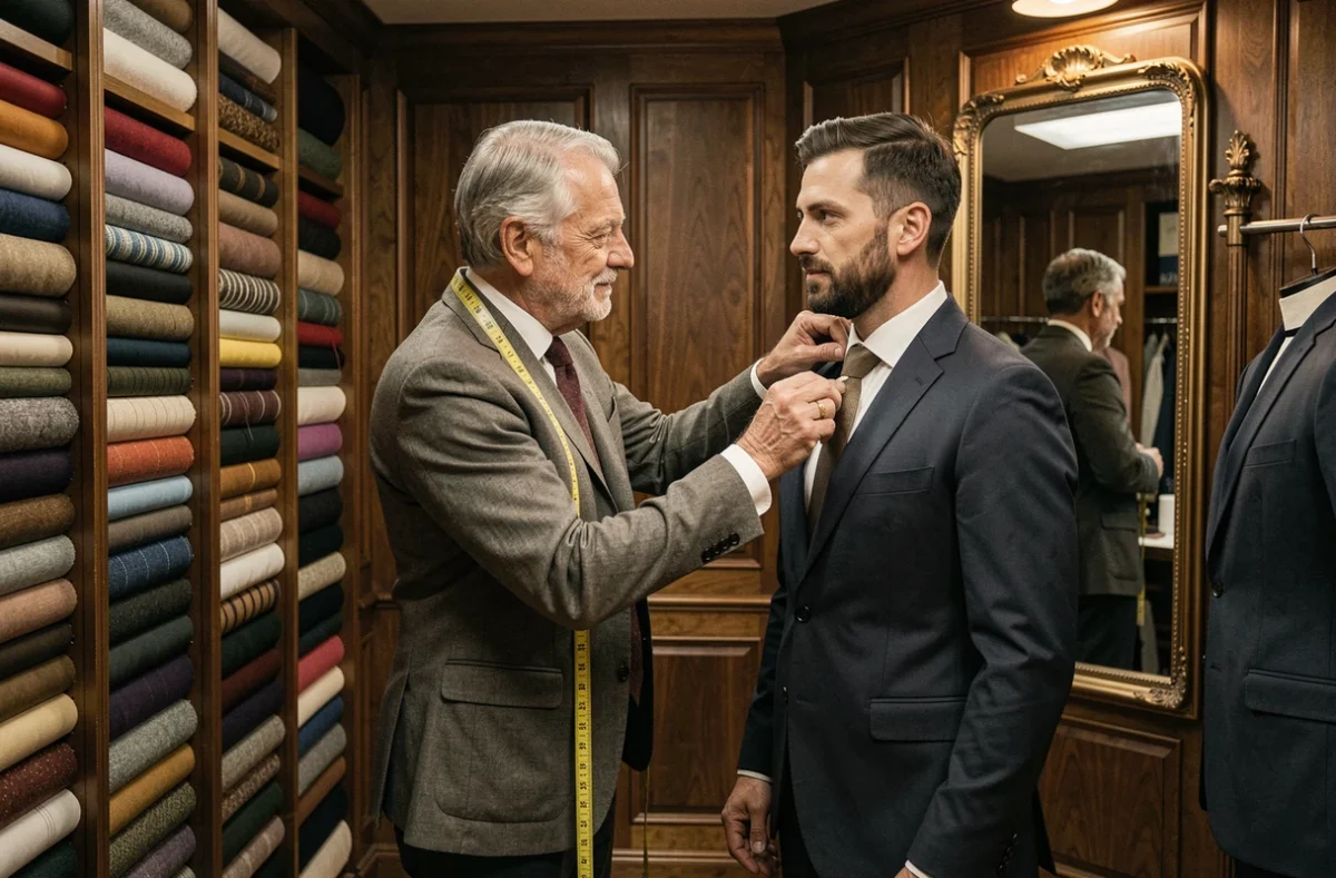 Atelier de tailleur sur mesure Louis Purple à Metz avec un artisan réalisant des retouches sur un costume