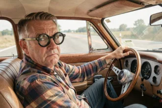 Homme portant des lunettes cul de bouteille comiques assis au volant d'une voiture vintage pour un sketch humoristique