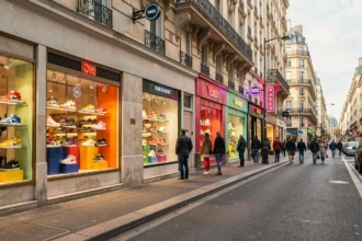 Vue d'une rue parisienne animée avec des façades de magasins de baskets en Île-de-France