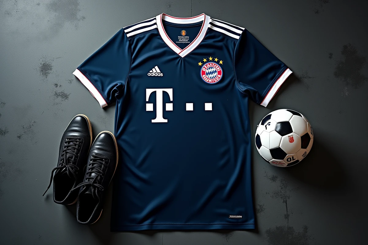 Maillot Bastard Munchen numéro 11 en vue à plat avec crampons et ballon de football sur fond béton sombre