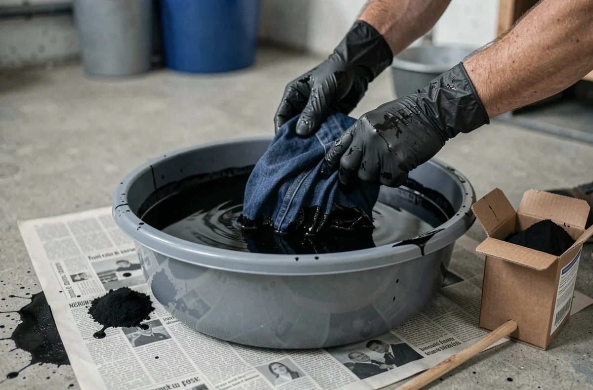 Mains gantées plongeant une chemise en jean dans un bac de teinture noire pour masquer une tache