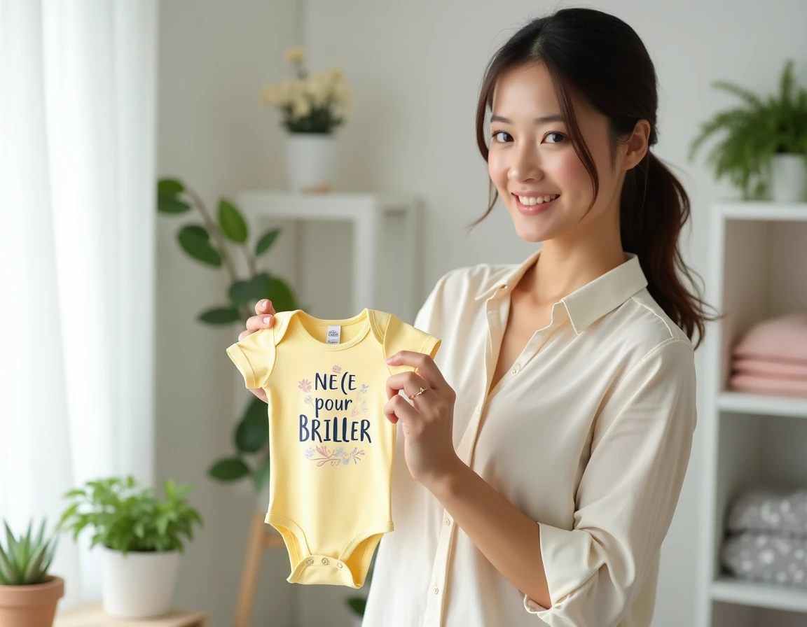Maman tenant un body bébé personnalisé jaune pastel avec message tendance dans une chambre bébé scandinave