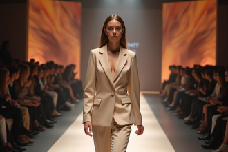 Mannequin femme en tailleur beige sur le runway