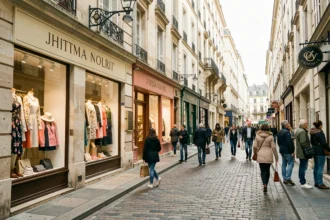 Rue commerçante animée de Moselle avec des boutiques de vêtements élégantes aux vitrines soignées