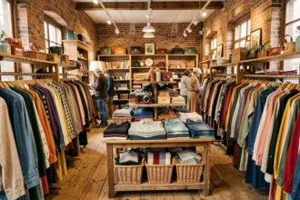 Intérieur d'une friperie de l'Essonne avec des rayons de vêtements colorés et des étagères vintage