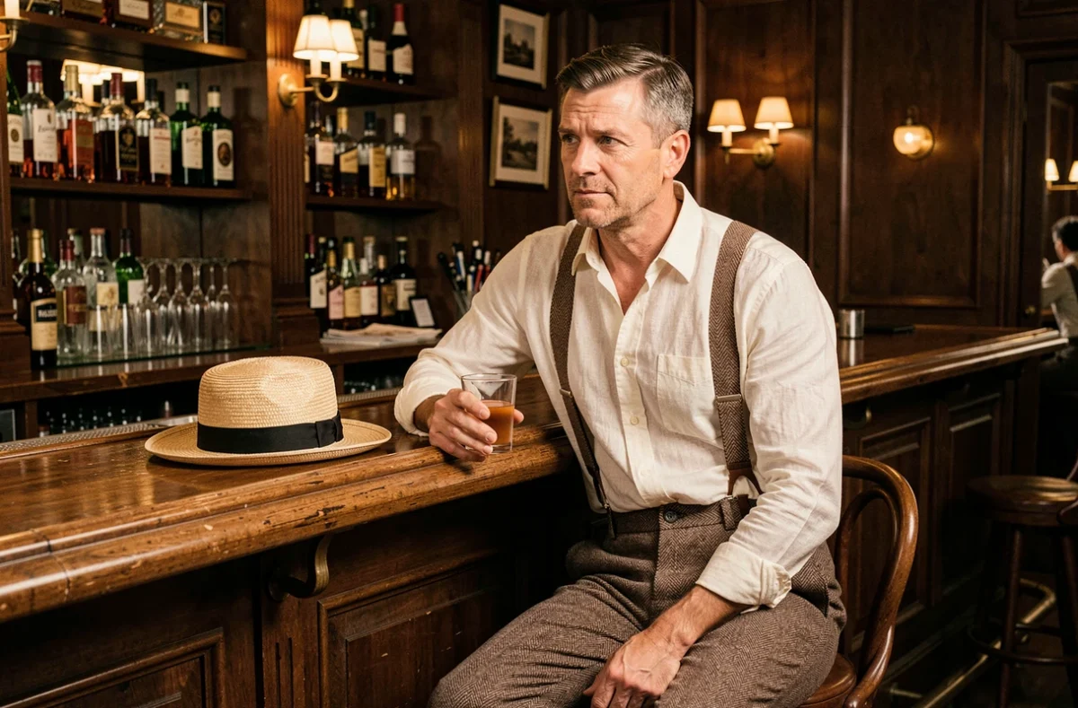 Homme en bretelles et chapeau canotier années 30 assis dans un bar vintage style speakeasy
