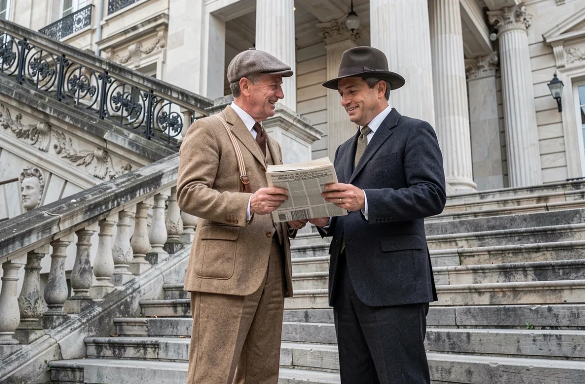 Deux hommes en costumes et chapeaux style années 30 avec bretelles sur un escalier en pierre classique européen