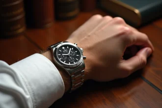 Montre chronographe en acier inoxydable portée au poignet sur bureau en chêne, style luxe classique