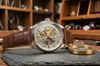 Montre mécanique de luxe exposant son mouvement intérieur complexe sur ardoise dans un atelier horloger traditionnel