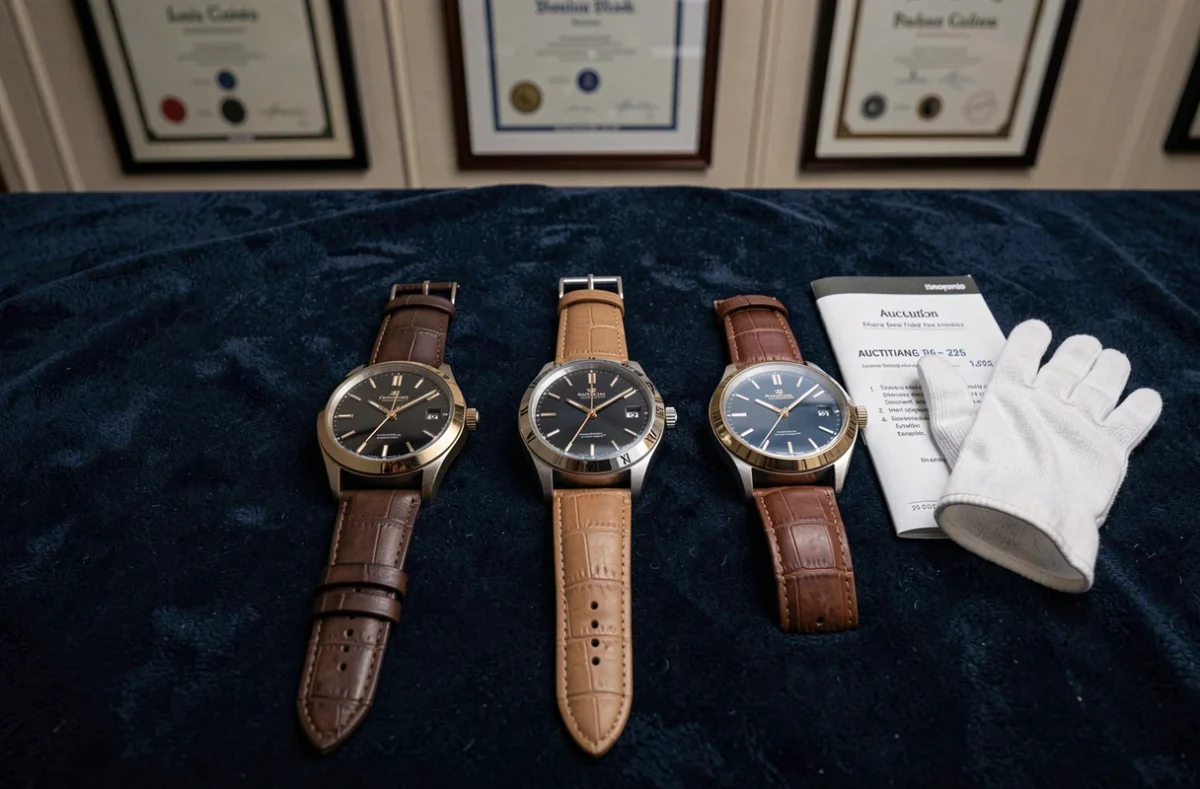 Trois montres de prestige côte à côte sur velours bleu marine avec catalogue de vente aux enchères dans une salle de préparation d'auction house