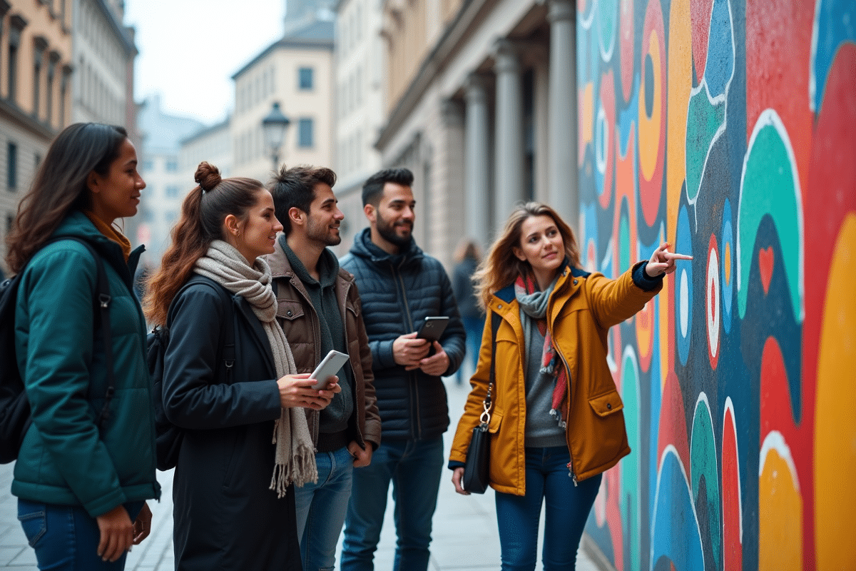 Équipe créative devant une fresque urbaine fusionnant deux logos