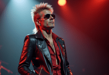 Musicien des années 80 en cuir et lunettes avec coiffure mullet