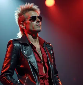 Musicien des années 80 en cuir et lunettes avec coiffure mullet