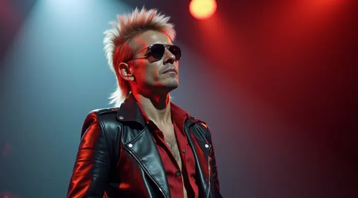 Musicien des années 80 en cuir et lunettes avec coiffure mullet