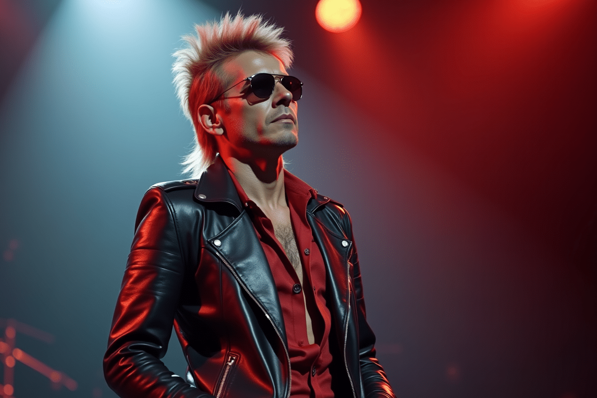 Musicien des années 80 en cuir et lunettes avec coiffure mullet