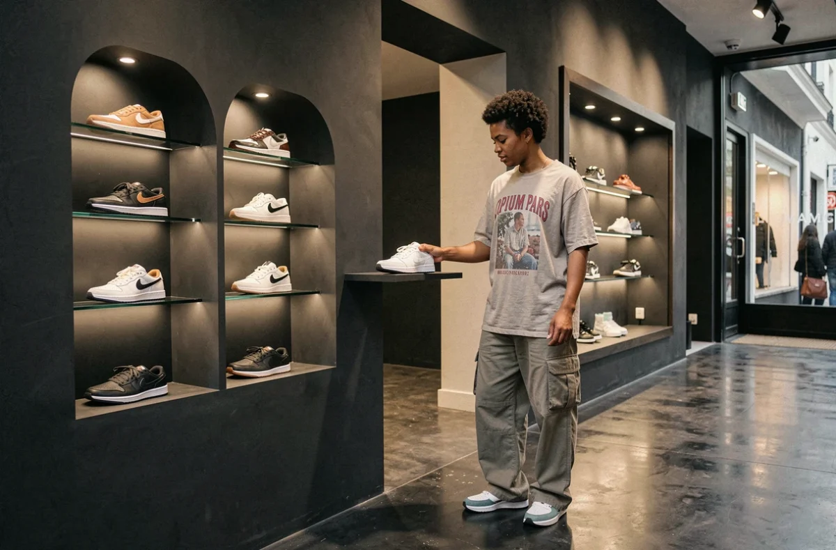Boutique Opium Paris avec ses niches d'exposition sombres mettant en valeur des sneakers exclusives