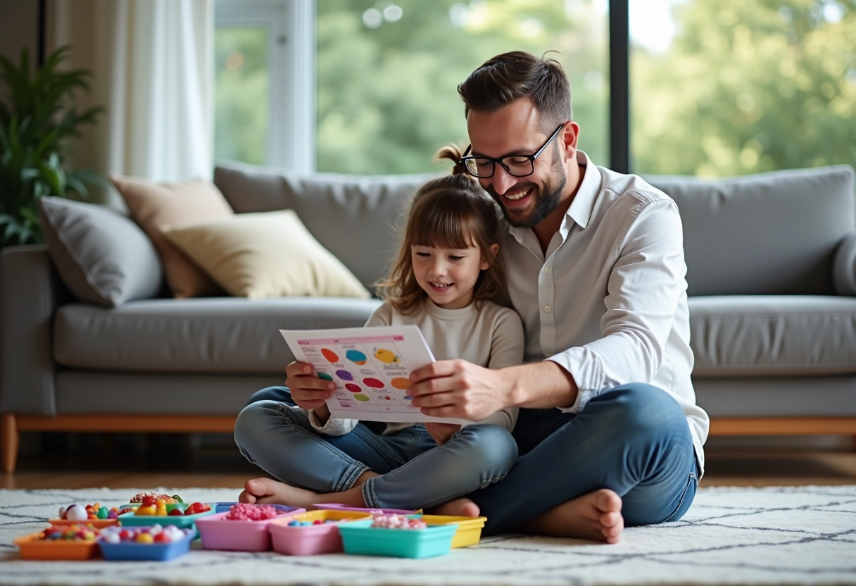 Père et fille rient en ouvrant un kit de bracelet coloré