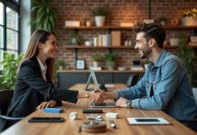 Deux professionnels se serrent la main dans un espace de coworking créatif