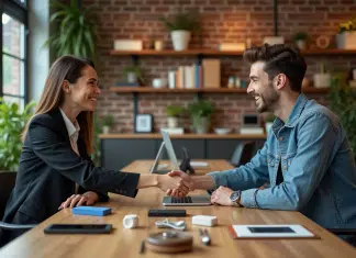 Deux professionnels se serrent la main dans un espace de coworking créatif