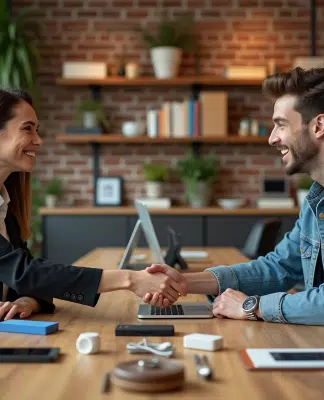 Deux professionnels se serrent la main dans un espace de coworking créatif